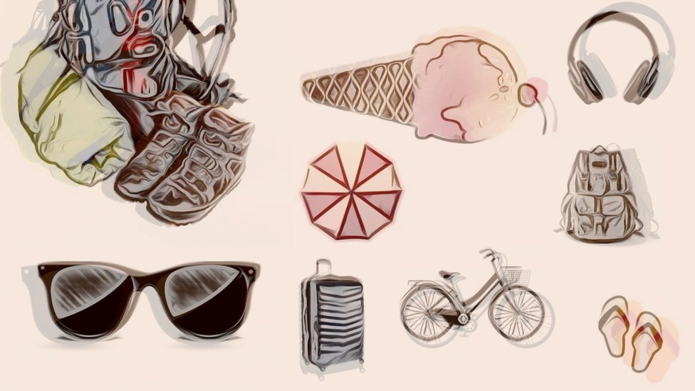 Illustrations of holiday accessories like sunglasses, flip-flops and icecream
