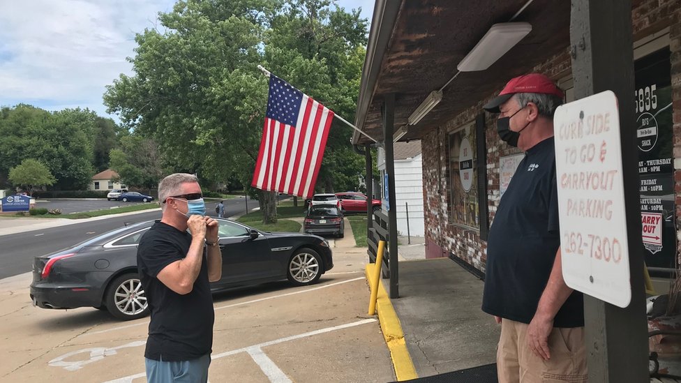 Bob Palmgren, the owner of RJ&rsquo;s Bob-Be-Que Shack, told a customer, Randy Treas, that he has to put on a mask