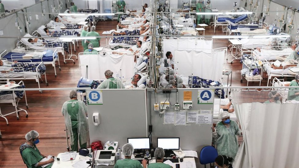 A general view at the Pedro DellAntonia Sports Complex field hospital where patients with Covid-19 are treated on March 11, 2021 in Santo Andre, Brazil.
