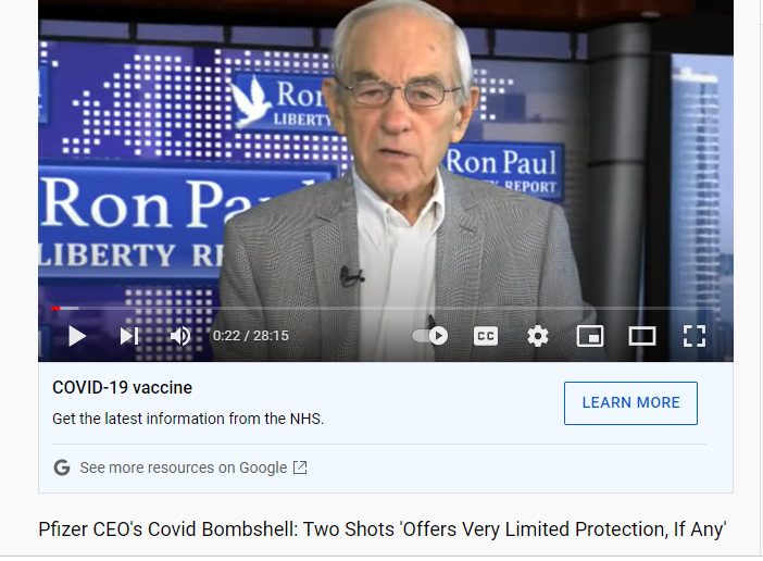 screenshot of youtube video from Ron Paul's channel with the headline: "Pfizer CEO's Covid bombshell: two shots offer very limited protection, if any".